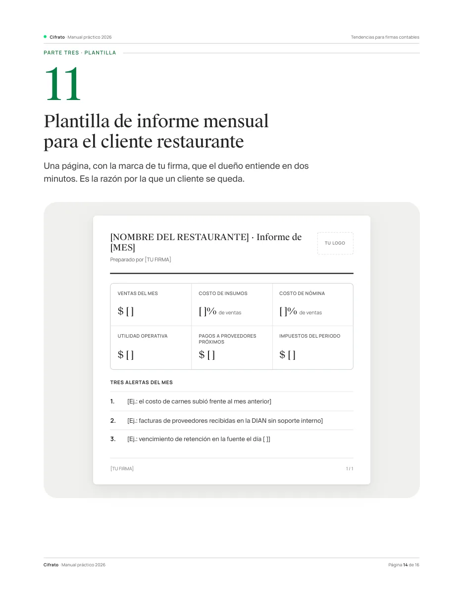 Página con la plantilla de informe mensual